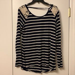 Navy Striped Shirt with Lace Shoulders